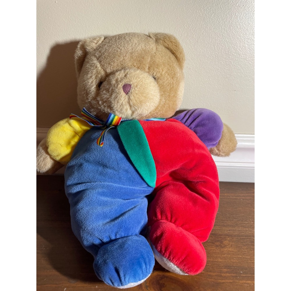 Vintage Eden Toys Colorblock Teddy Bear Plush Rainbow Ribbon Red Blue Yellow 12"